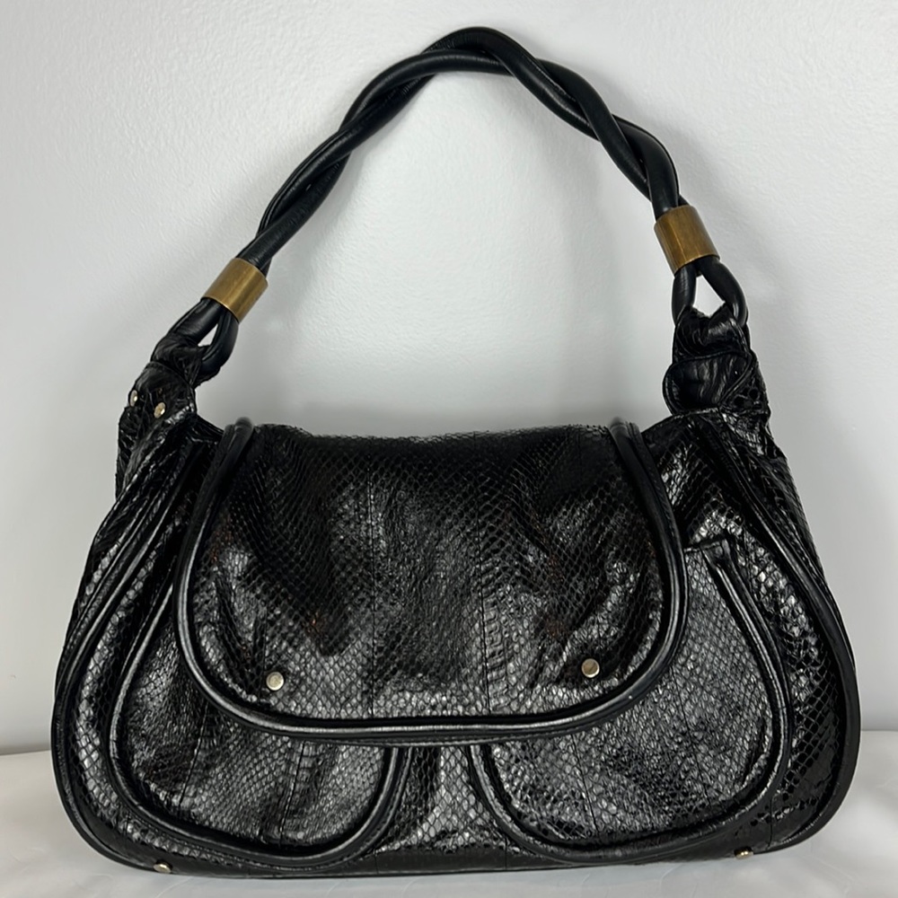 R&Y Augousti Large Black Python Snakeskin Shoulder Bag with Brass Hardware